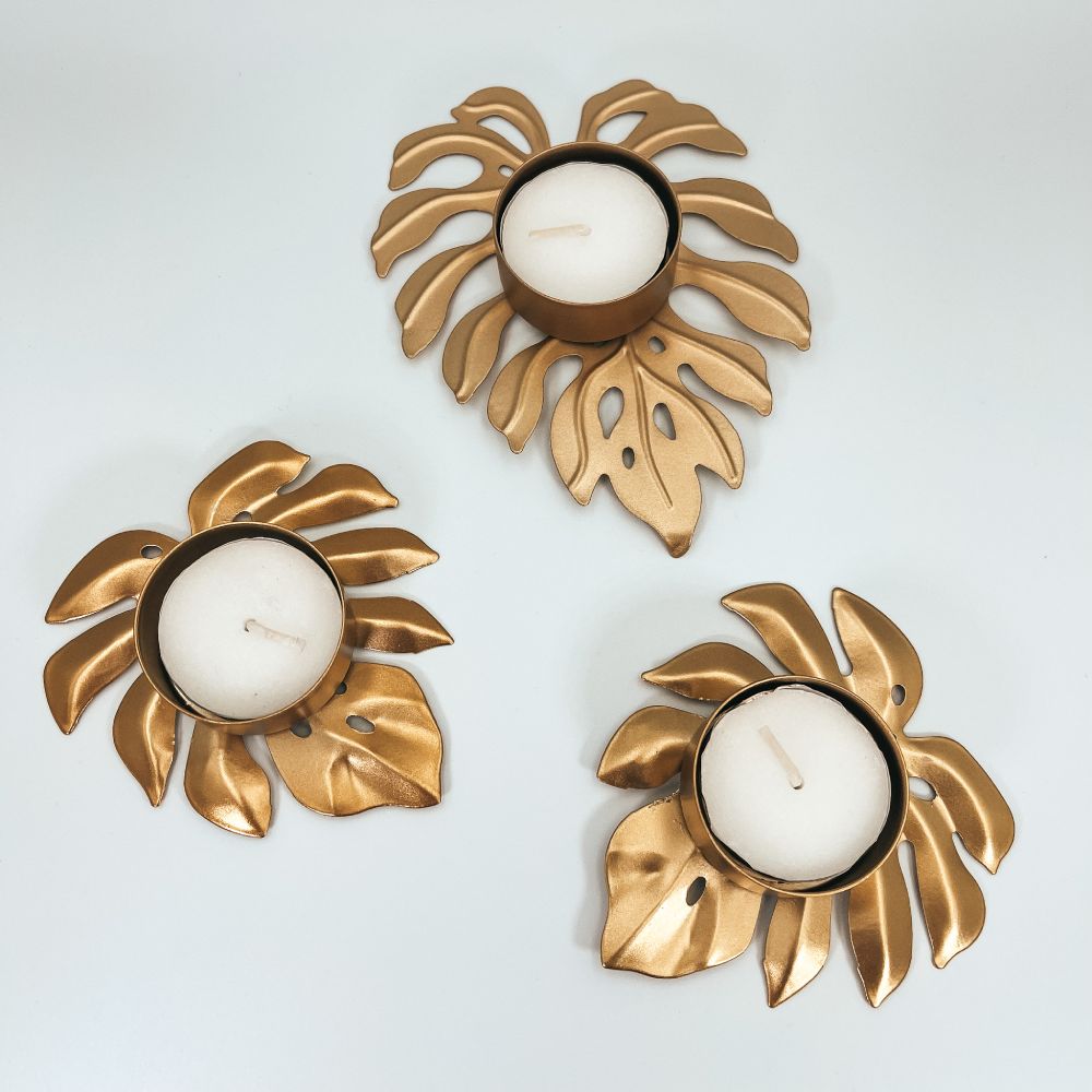 Set of 3 Gold Leaf Tealight Holders